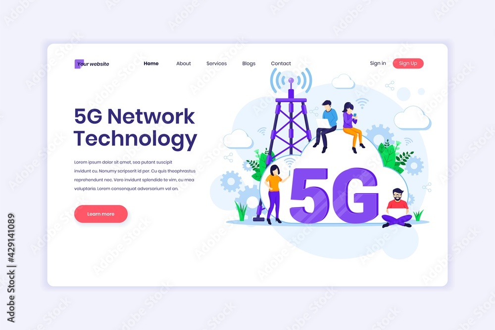 Poster landing page design concept of 5th network technology. people using high-speed wireless connection 5
