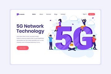 Landing page design concept of 5th Network Technology. People with giant 5G symbol using High-speed wireless connection 5G. vector illustration