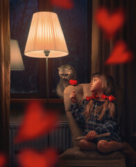 girl at home with a cat examines hearts