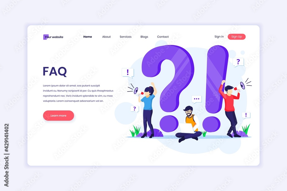 Poster landing page design concept of frequently asked question or faq concept with people work near big ex