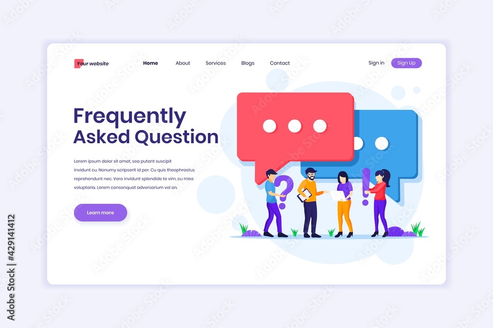 Poster landing page design concept of frequently asked question or faq concept, people with near big exclam
