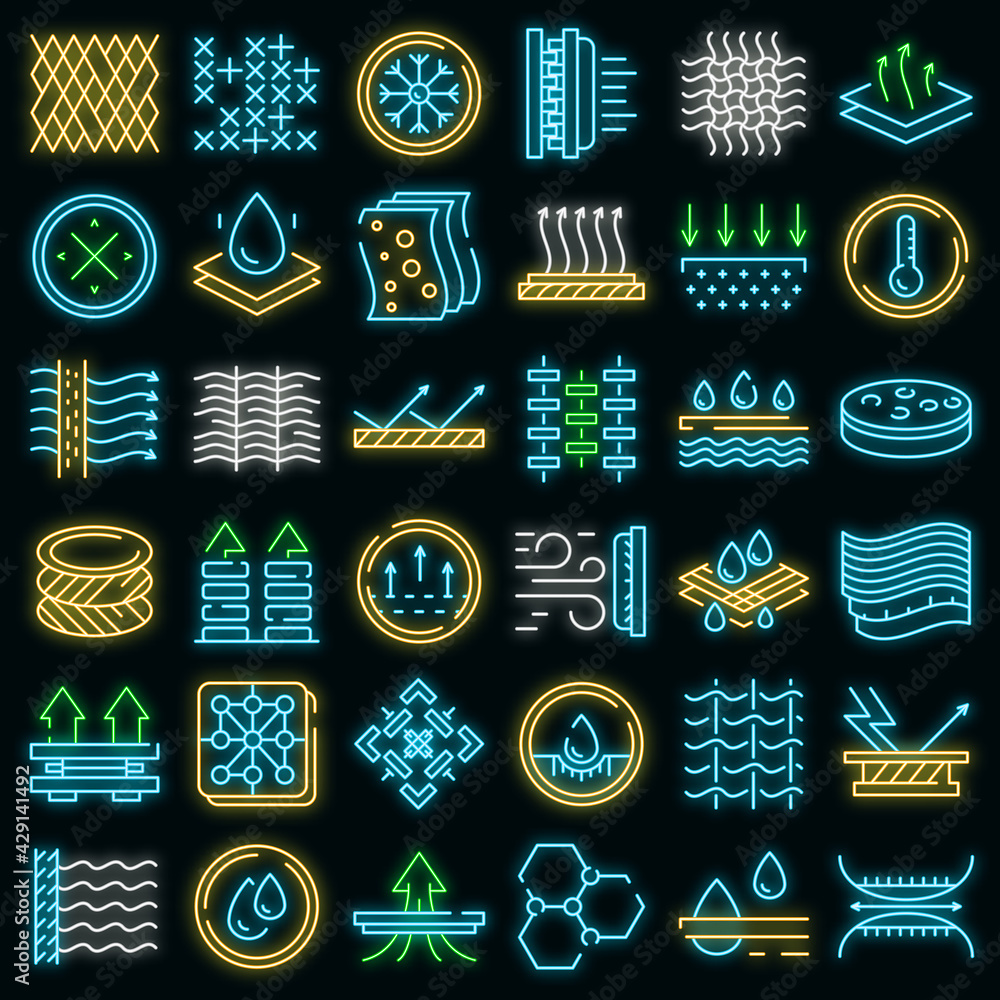 Poster fabric feature icons set. outline set of fabric feature vector icons neon color on white