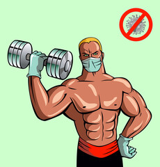 Bodybuilding man builds muscles through tension with dumb bells, using protection, vector illustration
