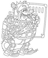 Spiteful fat rat guard in armor and a helmet, armed to the teeth, holding a spiked cudgel and a shield, preparing to attack, black and white outline vector cartoon for a coloring book page