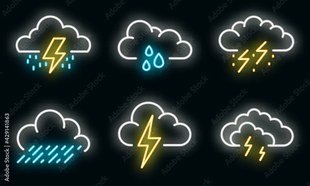 Poster thunderstorm icons set. outline set of thunderstorm vector icons neon color on black