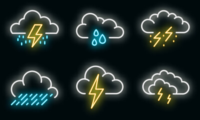 Thunderstorm icons set. Outline set of thunderstorm vector icons neon color on black - obrazy, fototapety, plakaty