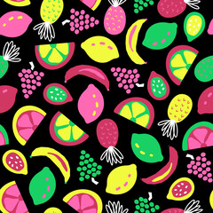 Fruit seamless vector pattern black green yellow pink. Repeating background cute exotic bright colorful . abstract pineapple, lemons, banana for summer decor, fabric, fashion.