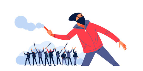 Protester throws stones and smoke bombs toward police during street riots. Aggressive huligan protesters in a mask and hood, holding bat and raising their fists. Cartoon flat vector illustration