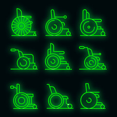 Wheelchair icons set. Outline set of wheelchair vector icons neon color on black