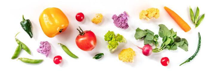 Fresh vegetable panorama, overhead flat lay shot on a white background