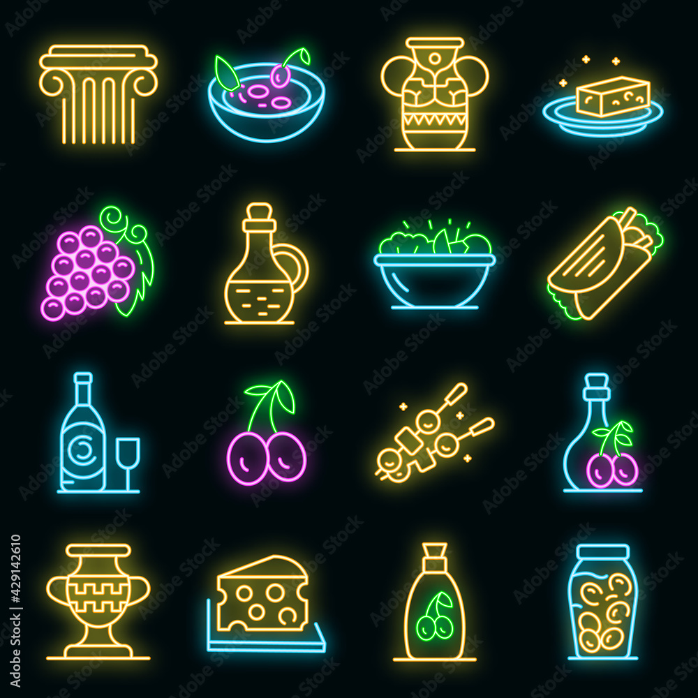 Wall mural greek cuisine icons set. outline set of greek cuisine vector icons neon color on black