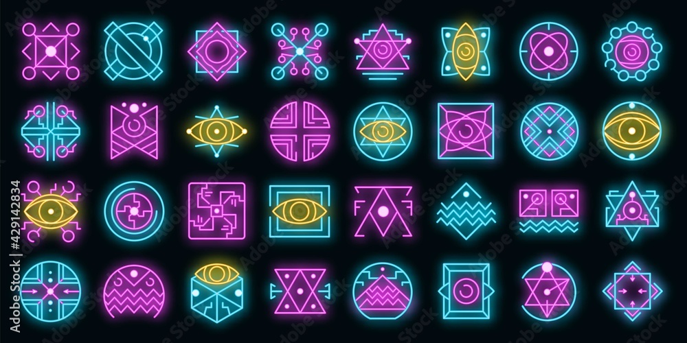 Poster alchemy icons set. outline set of alchemy vector icons neon color on black
