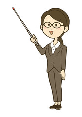 指示棒を持つ笑顔のパンツスーツの女性のイラスト