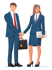 Man and woman in business suits with case and laptop shaking their hands. Relations of partnership concept. Business people partners handshake. Successful transaction, deal. Flat vector illustration