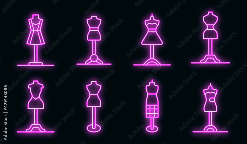 Poster mannequin icons set. outline set of mannequin vector icons neon color on black