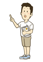 指をさして案内しているTシャツ＆短パン姿の男性のイラスト