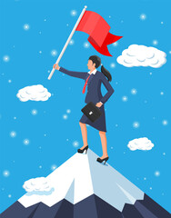 Businesswoman standing on top of mountain with flag. Symbol of victory, successful mission, goal and achievement. Trials and testing. Win, business success. Flat vector illustration