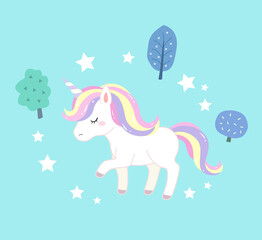 When the unicorn stands, raise its left front foot. There are many small trees decoration in the background