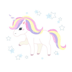 As the unicorn is standing, raise his right front foot.There are many small stars in the background for decoration