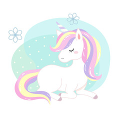 The unicorn sits on the ground,The background has irregular circles and small white dots