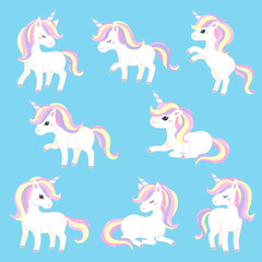 The 8 actions of a unicorn, such as standing, sitting, and raising your feet.