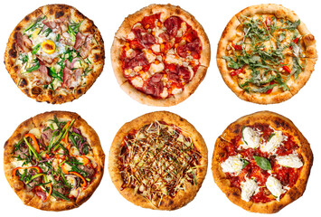 Isolated assorted fresh baked pizza menu design collage