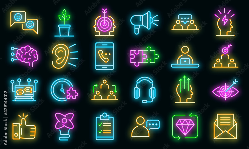 Poster crm icons set. outline set of crm vector icons neon color on black
