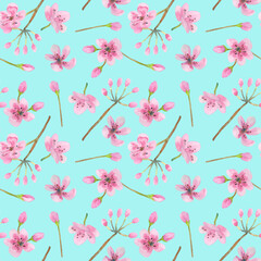 Seamless pattern with cherry flowers and buds on a blue background. The illustration is hand-drawn in watercolor. Can be used on fabric, covers, wrapping paper, scrapbooking, wallpaper.