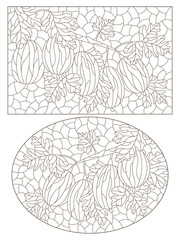 Set of contour illustrations in the style of stained glass with gooseberry branches, dark outlines on a white background