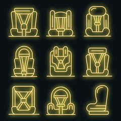 Baby car seat icons set. Outline set of baby car seat vector icons neon color on black