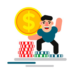 Casino win, money prize. A happy guy hold a gold coin dollar winning lottery bill and show gesture thumb up. Vector illustration, flat design, cartoon style, isolated background.