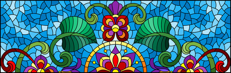 Illustration in stained glass style with abstract flowers, leaves and curls on a blue background, rectangular horizontal image