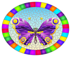 Illustration in stained glass style with a bright purple butterfly on a blue background in a bright frame, oval image