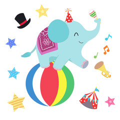 The elephant wears a pointed hat and stands on the original ball.