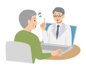 パソコンでオンライン診療を受ける困り顔のシニア男性