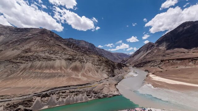 Beautiful Clouds Passing over the Barren Himalaya Mountains & Confluence of Zanskar & Indus Rivers at Sangam, Leh City, Ladakh, India