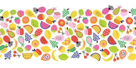 Fruit seamless border vector. Repeating horizontal pattern colorful cute healthy fruit salad. Abstract pineapple lemon banana apple orange strawberry cherry grapes for fabric trim, footer, banner.