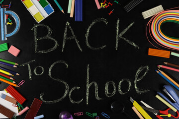 School supplies and office on blackboard background, Back to school concept