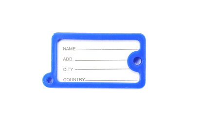 An empty badge with the fields Name, add, city, country is isolated on a white background. Copy space for text