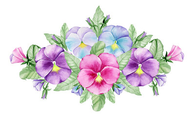 Watercolor frame made of Viola and leaves, Spring clip art, white wildflowers on an isolated background.