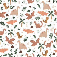 Seamless pattern of neutral and fun kids print of dinosaurs in a cute scene.