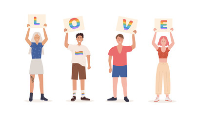 People holding placard with LOVE letters in rainbow colors isolated on white background. Lgbtq activists at pride parade, street marche. Gay and lesbian at demonstration. Flat Vector illustration.