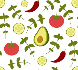 Obraz premium Vector seamless pattern with avocado, cucumber, tomato, chili pepper and basil. Perfect for wallpaper, background, wrapping paper or textile. Green and red vegetables and herbs on white background.