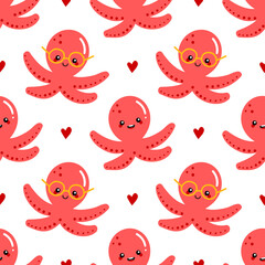 Cute smiling red baby octopus and hearts cartoon style characters seamless pattern background for sea life design.
