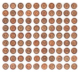 Fototapeta na wymiar the numbers from one to ninety in round pieces of wood are isolated on a white background