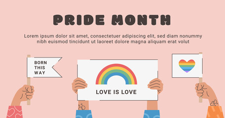 Vector Banner with pink background. People hold flags and banners with lgbt rainbow, signs and other symbols during pride month celebration. Gay parade. Human rights, love is love. Flat Illustration.