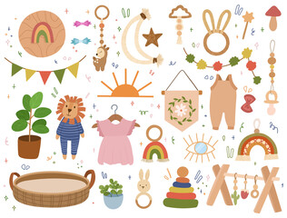 Children bohemian design elements. Baby shower decorative. 