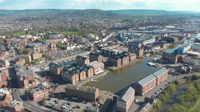 Aerial drone shot of Gloucester Quays in Gloucester, UK