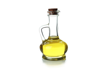 Glass bottle of olive oil isolated on white background