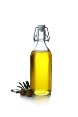 Bottle of olive oil and olives isolated on white background